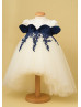 Navy Blue Velvet Lace Flower Girl Dress
